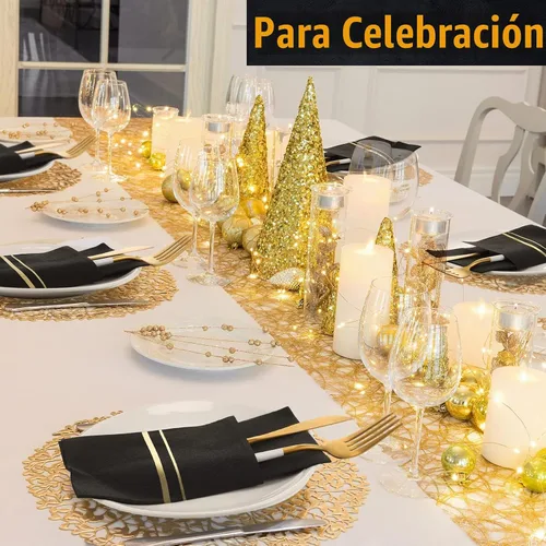 Vista 5 de Paquete de 100 servilletas de cena negras y doradas con bolsillo para cubiertos Disposable Linen Feel Guest Napkins, Gold Trim Lined Pre Folded