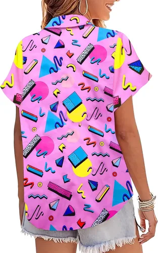 Vista 3 de Trajes de los años 80 y 90 para mujer, camiseta temática de fiesta de los años 80, camisas hawaianas con botones de los años 90, camisetas retro