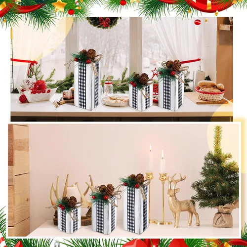 Vista 6 de Glenmal 3 piezas de centros de mesa de Navidad, cajas de regalo de madera de Navidad decoradas con arco de cinta, bloques de regalo rústicos