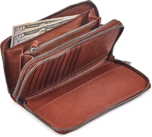 Vista 5 de Cartera de piel auténtica para mujer, con doble cremallera alrededor de la protección RFID, Bronceado