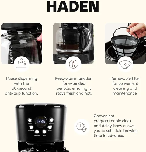 Vista 3 de Máquina de Café Haden, Cafetera de Goteo Programable de 12 Tazas con Función de Apagado Automático y Filtro de Agua Reutilizable Lavable, Negro