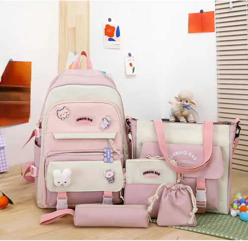 Vista 7 de Juego de 5 mochilas kawaii lindas con alfileres colgantes de oso de retazos, diseño de conejito de anime japonés, Rosado, Japonés
