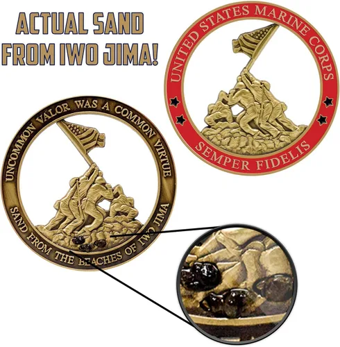 Vista 2 de Moneda de desafío USMC del Cuerpo de Marines Iwo Jima con arenas reales de Iwo Jima - Regalos del Cuerpo de Marines Negocio propiedad