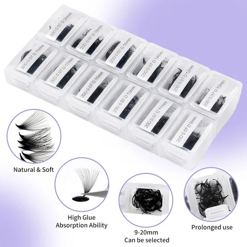 Vista 5 de Extensiones de pestañas de 1200 fans, prefabricadas, con volumen, 9-20mm, bandeja mixta, 20D, con punta en C, base puntiaguda, extensiones