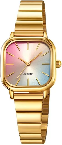 Vista 10 de Womens Ladies' Ultra Thin Watch with Rainbow Gradient Dial Gold-Tone Square Case and Bracelet Quartz Movement