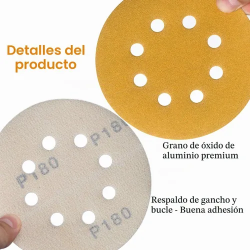 Vista 5 de Discos de lijado de gancho y bucle de 5 pulgadas, 8 agujeros, papel de lija de órbita aleatoria de grano 180, pack de 50
