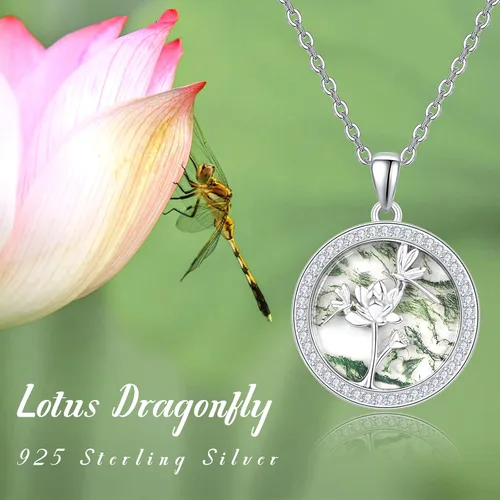 Vista 6 de TANGPOET Sterling Silver Lotus Flower Frog Dragonfly Necklaces Natural Green Moss Agate Pendant Jewelry Gifts for Women Teen Girls with 18"+2" Chain