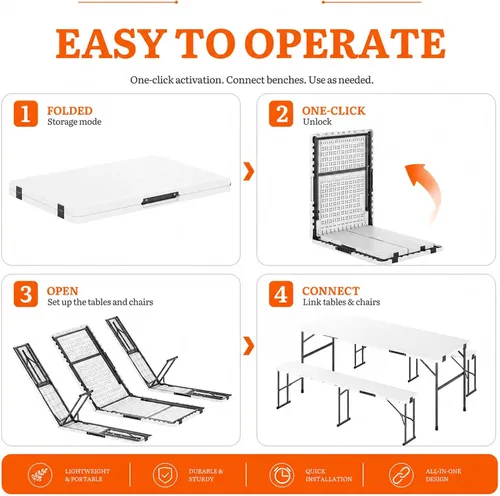 Vista 7 de DWVO Mesa de picnic plegable de 6 pies con bancos, juego de mesa de picnic Blanco