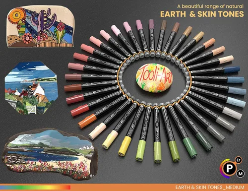 Vista 4 de 36 rotuladores de pintura acrílica TOOLI-ART tonos naturales de la piel y de la tierra para pintura de rocas, lienzo, tazas, vidrio, plástico