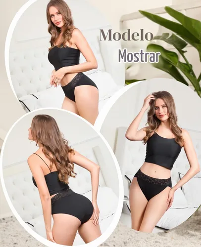 Vista 2 de RHYFF Ropa interior de algodón para mujer, bragas de encaje de corte alto Negro