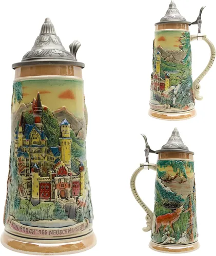 Vista 3 de Essence of Europe Gifts E.H.G OktoberfestHaus - Taza de cerveza grande de Ludwig's Neuschwanstein Schloss (castillo), grabado con tapa, diseño