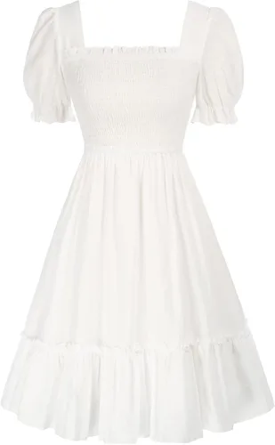 Vista 4 de Zexxxy Vestido fruncido con cuello cuadrado para mujer, manga larga y corta, con volantes, acampanado, hasta la rodilla, tallas S-XXL