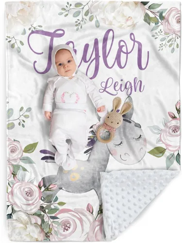 Vista 10 de Manta de bebé personalizada, manta de felpa suave con respaldo de puntos de doble capa para niños y niñas, nombre personalizado con diseño de animal