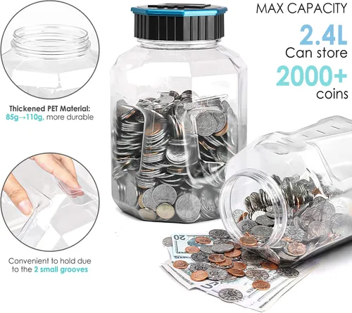 Vista 3 de Alcancía X-Large para adultos y niños, Vcertcpl banco digital contador de monedas con contador LCD, capacidad de 2.4L, excelente banco contador