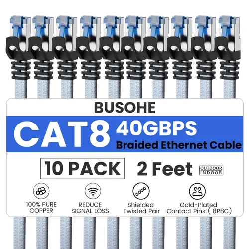 Vista 12 de Cable Ethernet Cat 8 de 1.5 pies, cable de conexión de red LAN de alta velocidad trenzado de nailon resistente, 40 Gbps 2000 Mhz SFTP blindado RJ45