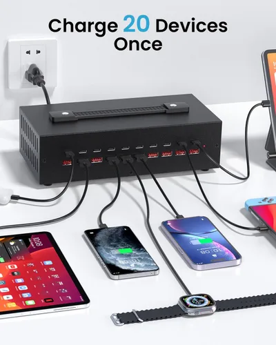 Vista 2 de Estación de carga USB-C de 200W, bloque de cargador USB de 20 puertos (10 USB A y 10 USB-C), estación de carga rápida para múltiples dispositivos