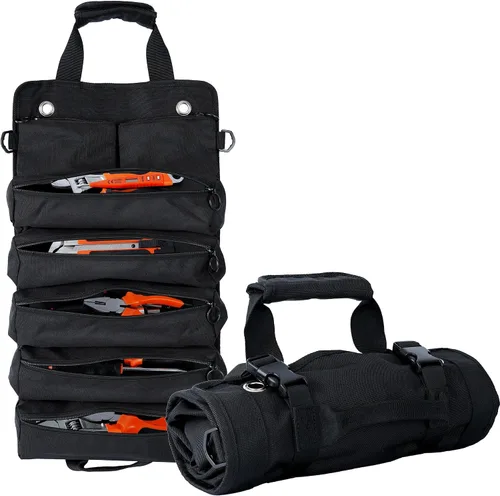 Vista 10 de Bolsa plegable portátil para herramientas, bolsa organizadora de herramientas resistente con 5 compartimentos y 2 bolsas desmontables para Verde