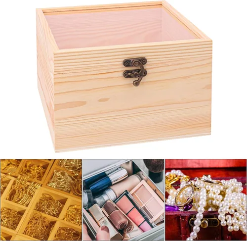 Vista 7 de 4 cajas de madera sin terminar con ventana, caja de madera para manualidades y almacenamiento con tapa superior de plástico, para recuerdos