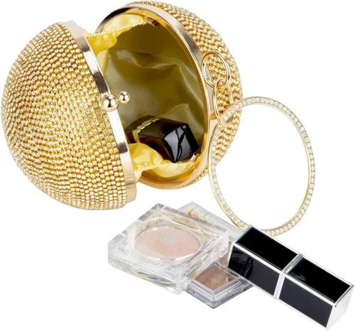 Vista 4 de Bolso de mano redondo de noche para mujer, bolso de mano con diamantes, para fiesta, boda, con cadena