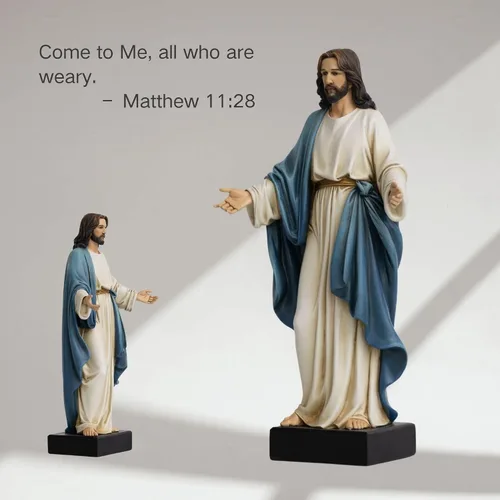 Vista 2 de Estatua de Jesús de 12 pulgadas con brazos abiertos, figura de Jesucristo pintada a mano en túnica azul, escultura religiosa de resina realista