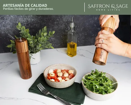 Vista 3 de Saffron & Sage Premium - Molinillo de sal y pimienta de madera de acacia de 2 a 8 pulgadas de alto con ajustes gruesos ajustables, resistente a