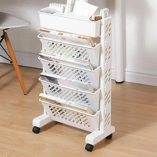 Vista 9 de Estantería móvil, estantería portátil de plástico blanco con capacidad de varios niveles para sala de estudio (5 capas)