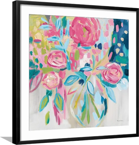 Vista 12 de ART.COM Farida Zaman - Lienzo enmarcado para pared, diseño floral rosa de verano, decoración botánica, 16 x 16 pulgadas, marco negro con paspartú