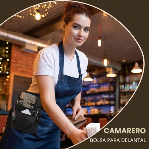 Vista 5 de Likesing Delantal de servidor, delantal de servicio con bolsillos para camarera, bolsa de herramientas de cintura para camarero con cinturón Negro-5