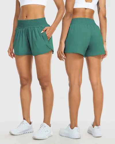 Vista 2 de YEZII Pantalones cortos deportivos para mujer con bolsillos, cintura alta, pantalones cortos de entrenamiento para correr, gimnasio, yoga