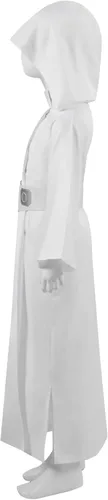 Vista 3 de Disfraz de princesa Leia para niñas vestido blanco con capucha para niños traje de lujo con cinturón para disfraz de Halloween
