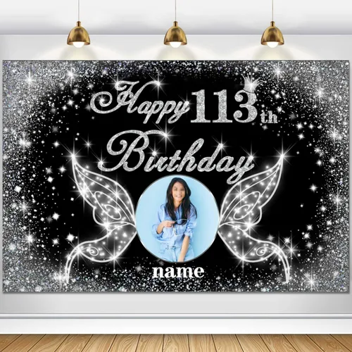 Vista 87 de Cartel personalizado de decoración de fiesta de cumpleaños número 100 - tema de alas de ángel - negro y plateado HY-NLK-100º