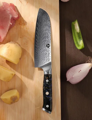 Vista 6 de WILDMOK Cuchillo Santoku, cuchillo de cocina japonés forjado de damasco de 7 pulgadas, cuchillo de cortar profesional, diseño de mango afilado