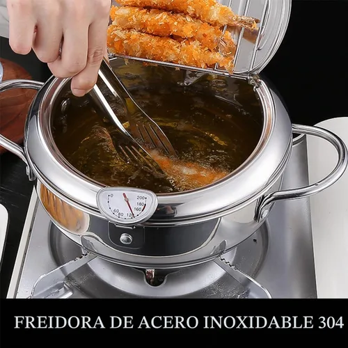 Vista 4 de Freidora Profunda Olla de Acero Inoxidable 304 Estilo Japonés 2.2L, Olla Japonesa para Freír Tempura con Tapa, con Control de Temperatura, Rejilla