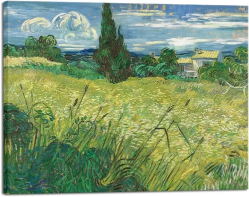 Vista 9 de Wieco Art Green Field 1889 - Lienzo decorativo clásico de Van Gogh, arte de pared estirado listo para colgar para decoración de oficina en casa