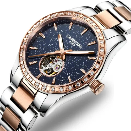 Vista 6 de Carnival Reloj de mujer con esqueleto mecánico automático, cristal de zafiro sintético, oro rosa, acero inoxidable, impermeable, color blanco