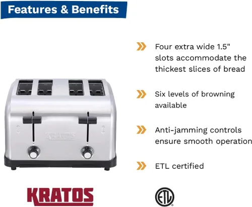 Vista 6 de Kratos Tostadora comercial de cuatro rebanadas, ranuras de 1.5 pulgadas de ancho para bagels y panes especiales, tostadora de encimera de acero