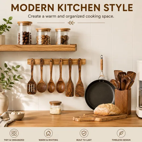 Vista 12 de Juego de utensilios de cocina de madera de teca prémium de 8 piezas, resistentes al calor, ligeras y resistentes, cucharas de madera para utensilios