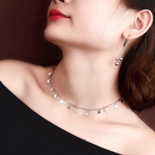 Vista 2 de Jude Jewelers Gargantilla delicada de acero inoxidable con estrellas de la suerte Plateado