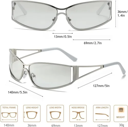 Vista 5 de Gafas de sol Y2K para mujeres y hombres, estética, accesorios de atuendo de los años 2000, lentes ovalados Y2K, marco de metal, persianas envolventes