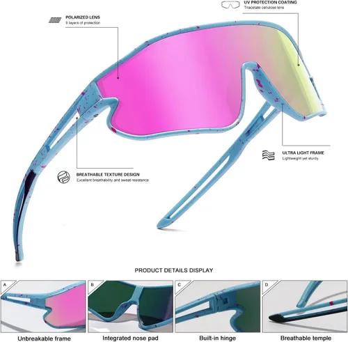 Vista 5 de Lentes de sol para niños, lentes de sol de béisbol juveniles, polarizados, deportivos, ciclismo, para niños y niñas, marco ligero