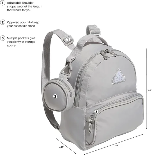 Vista 2 de adidas Mini mochila imprescindible, tamaño pequeño para festivales y viajes, Gris dosBlancoPlata Metálico, Mini mochila imprescindible