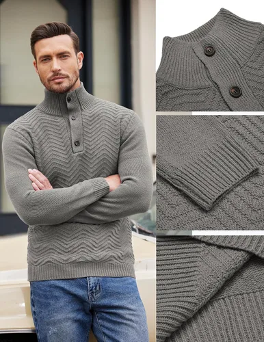 Vista 5 de COOFANDY Suéter de cuello alto Henley de punto trenzado para hombre