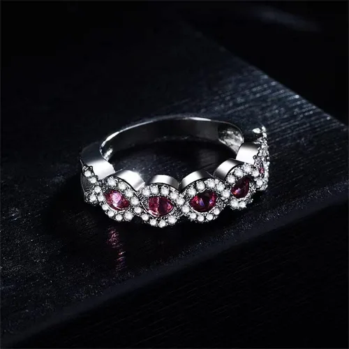 Vista 2 de Anillo de plata de ley 925 con diamantes completos brillantes de oro de 18 quilates, anillo de cóctel de rubí con gemas rojas, anillos de promesa