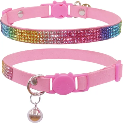 Vista 9 de THAIN Bling cat Collar de gatito Rainbow Rhinestone Breakaway Diamond con campana Terciopelo suave liberación rápida (negro)