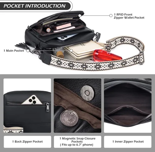 Vista 6 de POIUGOYA Bolsos cruzados para mujer a la moda, bolso cruzado mediano de cuero, bolso de hombro para mujer integrado cartera y borla.