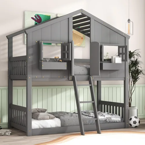 Vista 3 de DEINPPA Litera individual sobre individual con techo, cama de madera con ventanas y caja de ventana, cama de casa de juegos con diseño de puerta