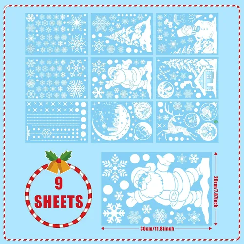 Vista 7 de Calcomanías navideñas para ventana, 9 hojas, 262 unidades, reutilizables, de doble cara, estampadas, autoadhesivas, para fiestas de invierno