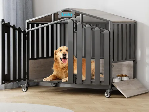 Vista 12 de EasyCom Muebles resistentes de 31 pulgadas para perros, para interiores con ruedas de 360°, jaulas decorativas para perros pequeños, jaula de madera