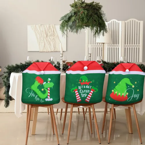 Vista 3 de Ganeen 6 Piezas Fundas Navideñas para Sillas Cuadros Buffalo Fundas para Sillas de Comedor Sombrero de Papá Noel Zapatos Fundas Deslizantes