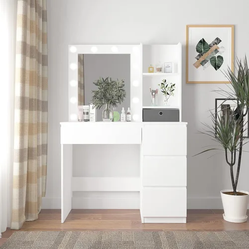 Vista 2 de Vabches Tocador de maquillaje con luces, escritorio de tocador de 37 pulgadas, cómoda de 4 cajones grandes con espejo iluminado, 3 modos de Blanco